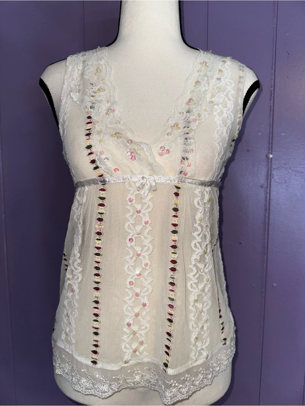 Vintage Women’s White Sheer Floral Lace Beaded Sequin V-Neck Sleeveless Tank S